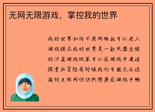 无网无限游戏，掌控我的世界