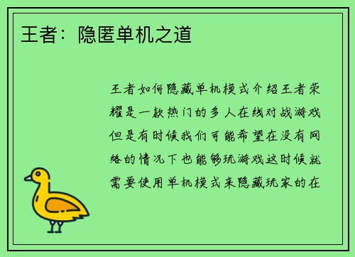 王者：隐匿单机之道