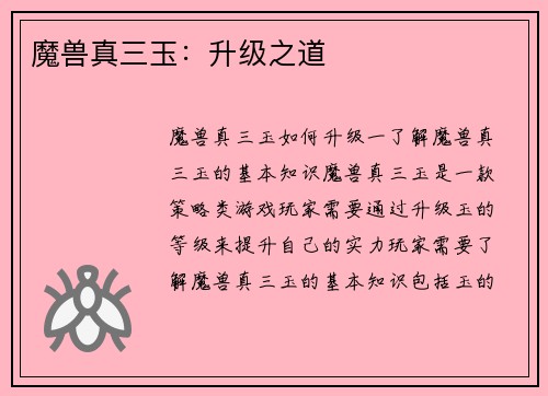 魔兽真三玉：升级之道